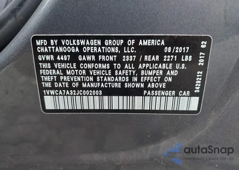 2018 Volkswagen Passat 2.0T Sel Premium из США, поврежденный, VIN 1VWCA7A32JC002003